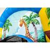Kleurrijk Jumpy Extra Fun Feest springkussen met glijbaan en tropisch thema, perfect voor kinderfeesten