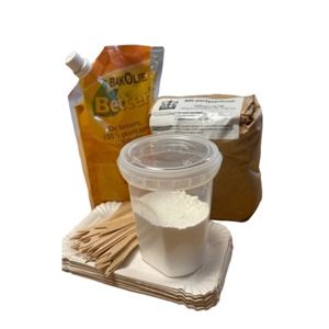 Complete poffertjesmix-set van Happy Rent Poffertjesmix met olie, suiker en schaaltjes compleet pakket voor evenementen