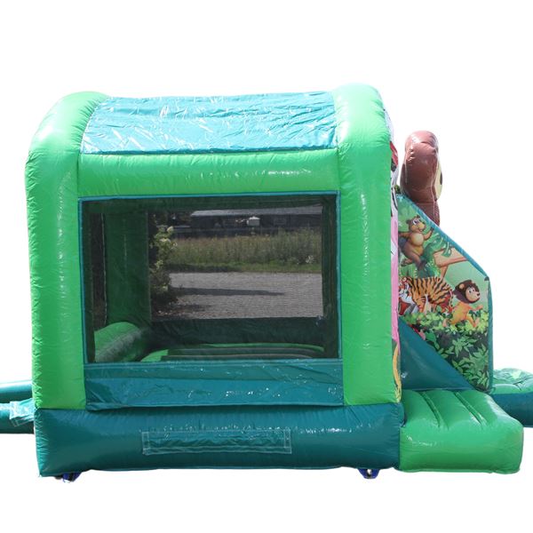 Close-up van de prints en kleuren van het springkussen met aap thema