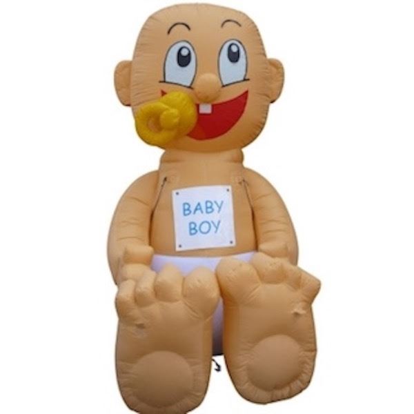 Opblaasbare Baby Classic huren bij Happy Rent Opblaasbare feestbaby huren – Baby Classic met slabbetje en speen voor geboorte of babyshower