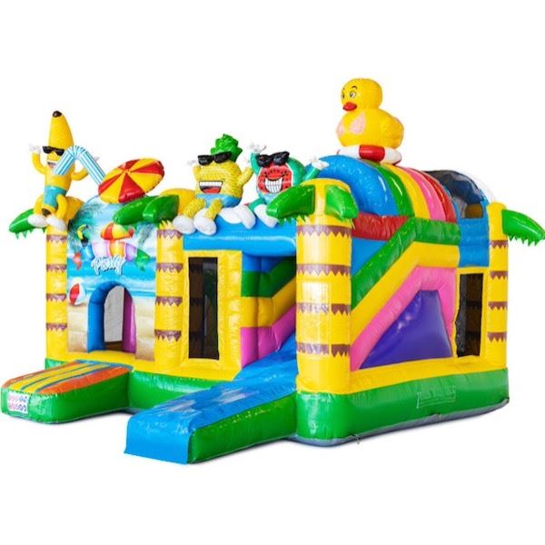Multiplay Springkussen Summer Party voorkant Multiplay Springkussen Summer Party huren bij Happy Rent – kleurrijk zomer springkussen met glijbaan