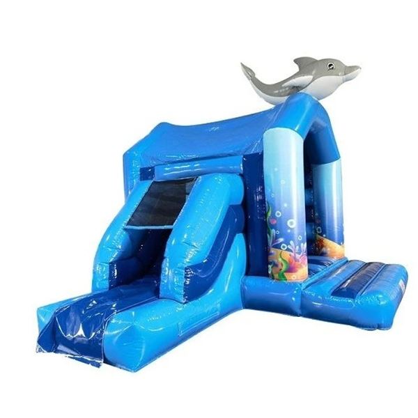 Vooraanzicht van het onderwater dolfijn springkussen met glijbaan