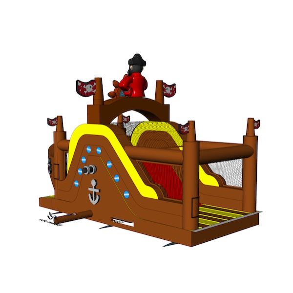 Stormbaan Piraat 1 huren bij Happy Rent Opblaasbare stormbaan in piratenthema met glijbaan en obstakels – ideaal voor sportdagen en evenementen