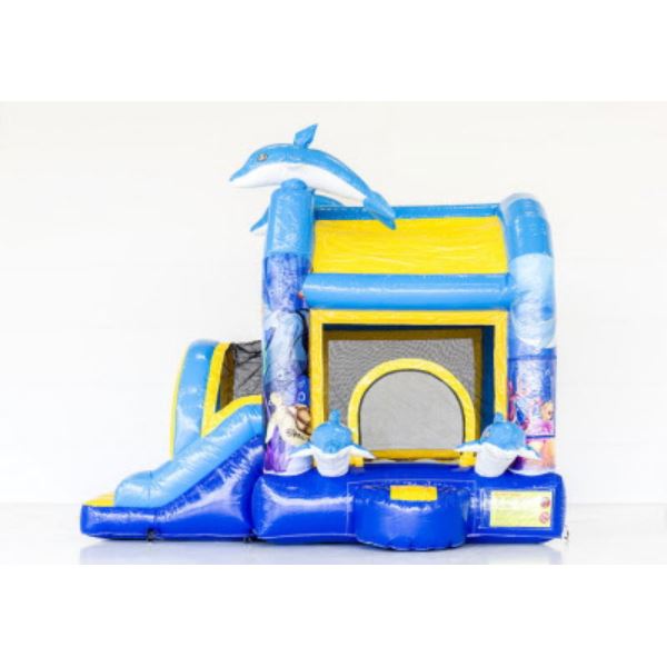 Jumpy Extra Fun Dolfijn springkussen voorkant Springkussen met dolfijn thema huren bij Happy Rent, kleurrijk model met glijbaan en speelruimte