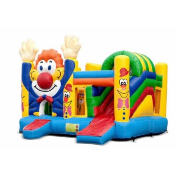 Multiplay Clown springkussen huren voorkant Vrolijk Multiplay Clown springkussen met glijbaan en speelelementen huren bij Happy Rent