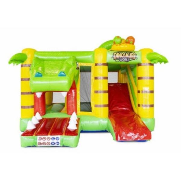 Multi Box Dino springkussen zijaanzicht : Zijkant van het kleurrijke Dino springkussen met open speelruimte en glijbaan