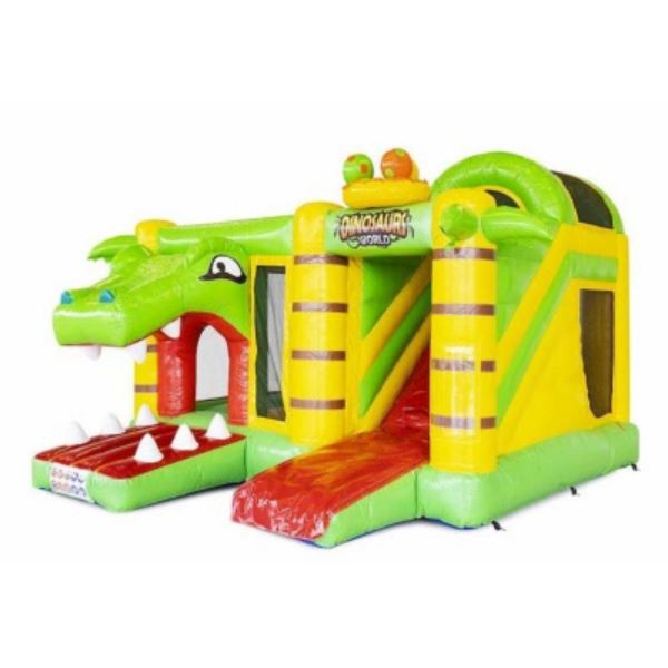 Multi Box Dino springkussen zijaanzicht : Zijkant van het kleurrijke Dino springkussen met open speelruimte en glijbaan