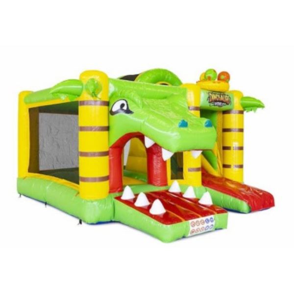 Multi Box Dino springkussen zijaanzicht : Zijkant van het kleurrijke Dino springkussen met open speelruimte en glijbaan