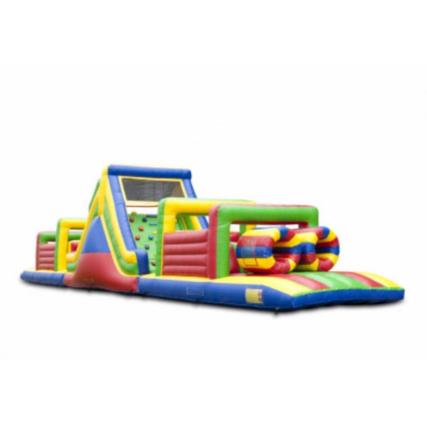 Opblaasbare stormbaan Colour Run van 21 meter met kleurrijke obstakels en glijbaan – perfect voor sportdagen en evenementen.