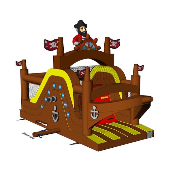 Stormbaan Piraat 1 huren bij Happy Rent Opblaasbare stormbaan in piratenthema met glijbaan en obstakels – ideaal voor sportdagen en evenementen