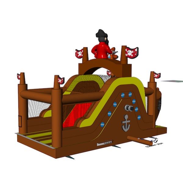 Stormbaan Piraat 1 huren bij Happy Rent Opblaasbare stormbaan in piratenthema met glijbaan en obstakels – ideaal voor sportdagen en evenementen