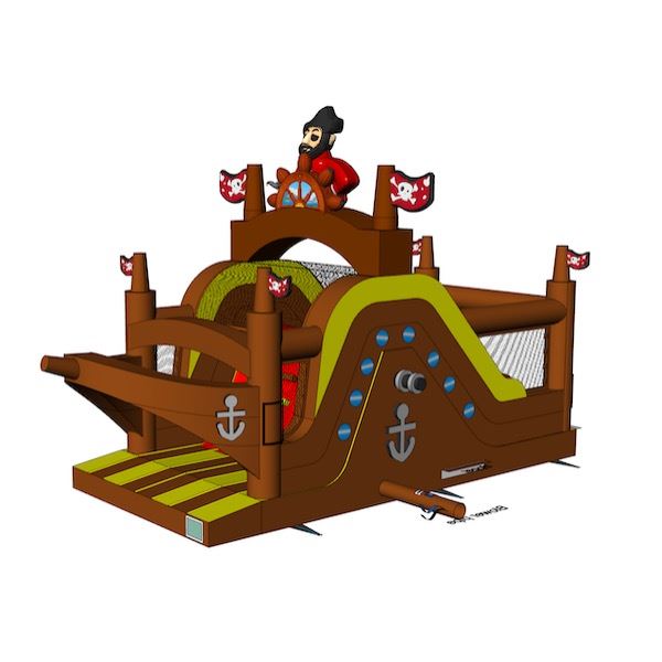 Stormbaan Piraat 1 huren bij Happy Rent Opblaasbare stormbaan in piratenthema met glijbaan en obstakels – ideaal voor sportdagen en evenementen