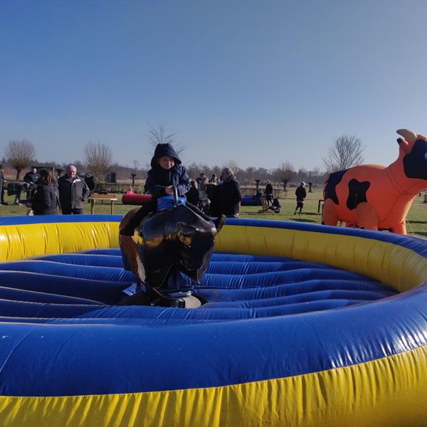 Kind op rodeostier huren in Overijssel – buiten evenement met opblaasbare koe