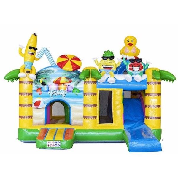 Multiplay Springkussen Summer Party voorkant Multiplay Springkussen Summer Party huren bij Happy Rent – kleurrijk zomer springkussen met glijbaan