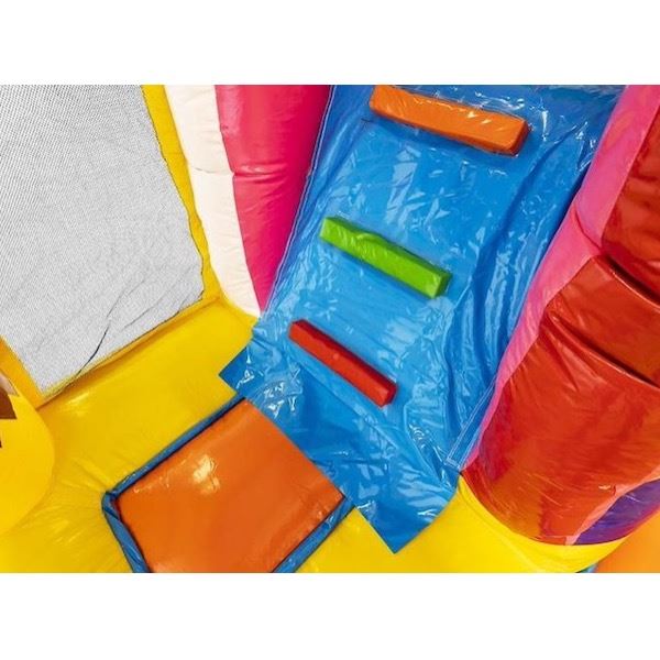 Multiplay Springkussen Summer Party voorkant Multiplay Springkussen Summer Party huren bij Happy Rent – kleurrijk zomer springkussen met glijbaan