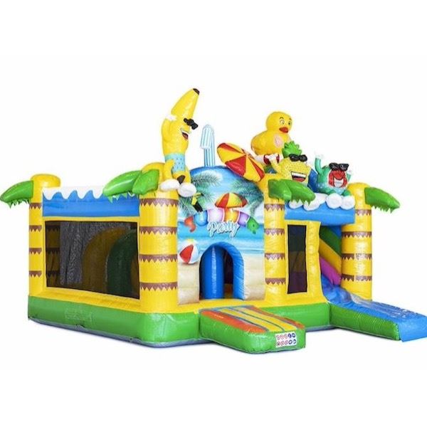 Multiplay Springkussen Summer Party voorkant Multiplay Springkussen Summer Party huren bij Happy Rent – kleurrijk zomer springkussen met glijbaan