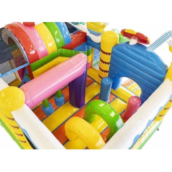 Multiplay Springkussen Summer Party voorkant Multiplay Springkussen Summer Party huren bij Happy Rent – kleurrijk zomer springkussen met glijbaan